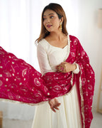 Lorenvalley White Vichitra Silk Fabric Fully Flared Anarkali Pant With Dupatta Set | Grocsy