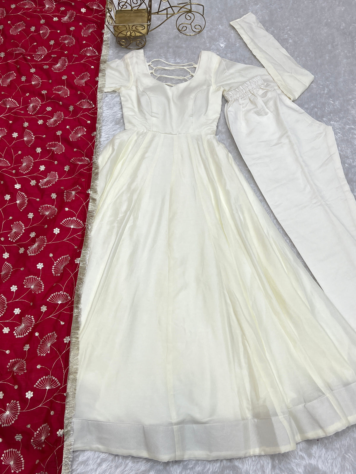 Lorenvalley White Vichitra Silk Fabric Fully Flared Anarkali Pant With Dupatta Set | Grocsy