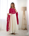 Lorenvalley White Vichitra Silk Fabric Fully Flared Anarkali Pant With Dupatta Set | Grocsy