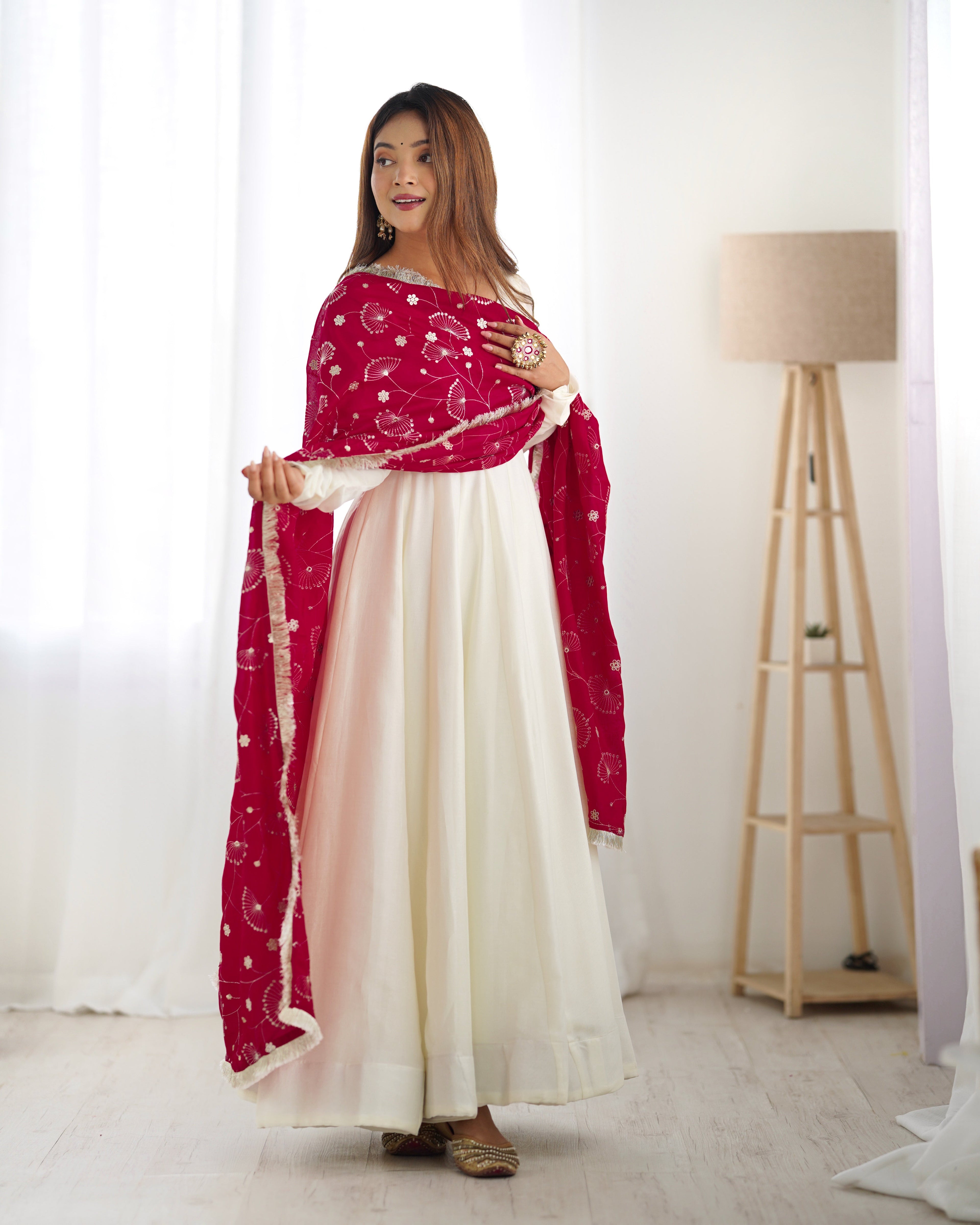 Lorenvalley White Vichitra Silk Fabric Fully Flared Anarkali Pant With Dupatta Set | Grocsy