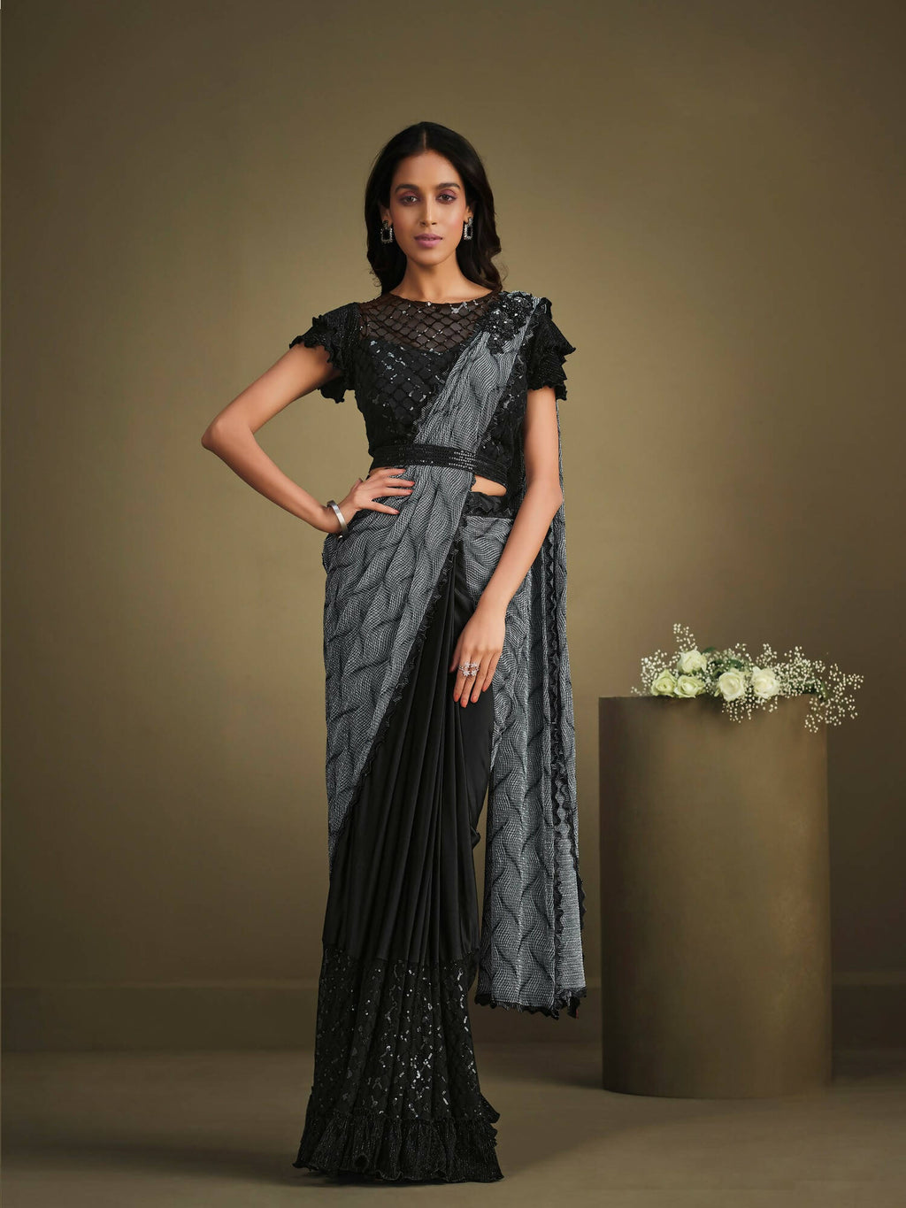 Grey & Black Crystal Crepe Sequence Embroidered Withtexture Saree With Stitched Blouse - Mohmanthan La Belle | Grocsy