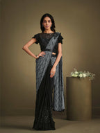 Grey & Black Crystal Crepe Sequence Embroidered Withtexture Saree With Stitched Blouse - Mohmanthan La Belle | Grocsy