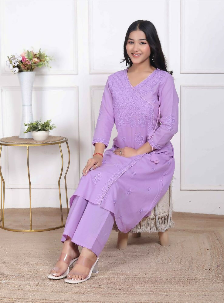 Miravan Womens Lavender Angrakha Kurta Set | Grocsy