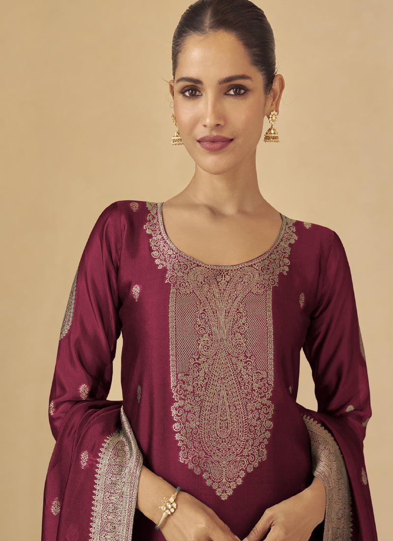 Vegaa Fashion Maroon Viscose Silk Jacquard Wedding Wear Salwar Suit | Grocsy