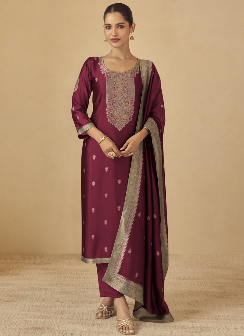 Vegaa Fashion Maroon Viscose Silk Jacquard Wedding Wear Salwar Suit | Grocsy