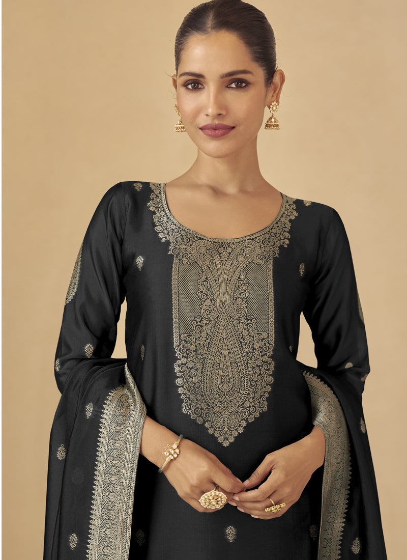 Vegaa Fashion Black Viscose Silk Jacquard Wedding Wear Salwar Suit | Grocsy