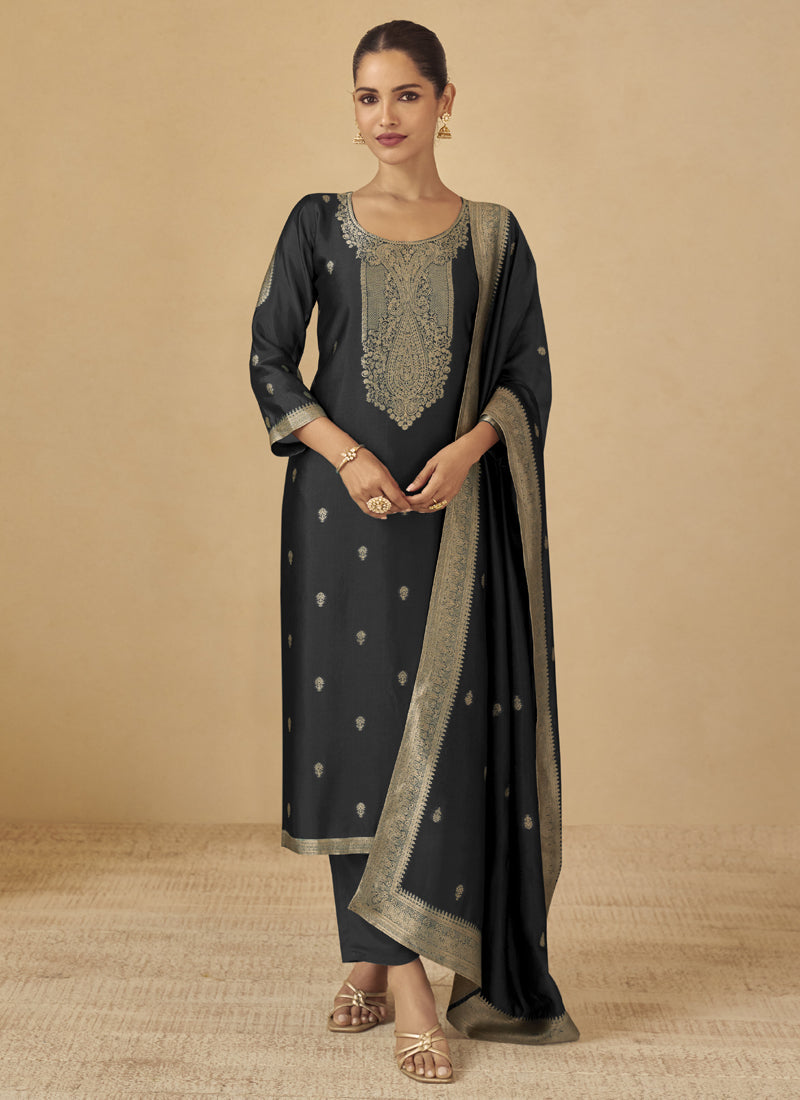 Vegaa Fashion Black Viscose Silk Jacquard Wedding Wear Salwar Suit | Grocsy