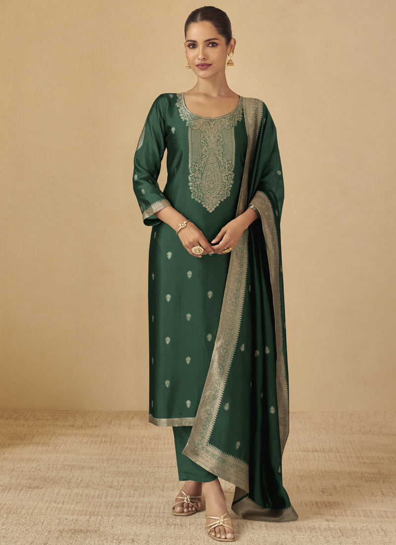 Vegaa Fashion Green Viscose Silk Jacquard Wedding Wear Salwar Suit | Grocsy