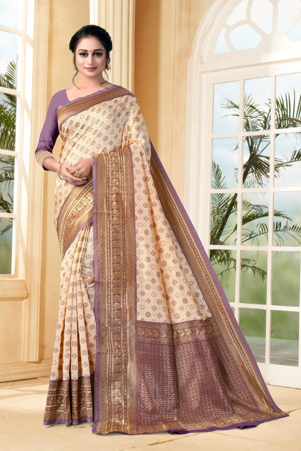 Vedant Vastram Litchi Silk Designer Banarasi Saree - Cream | Grocsy