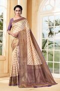 Vedant Vastram Litchi Silk Designer Banarasi Saree - Cream | Grocsy