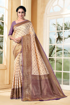 Vedant Vastram Litchi Silk Designer Banarasi Saree - Cream | Grocsy