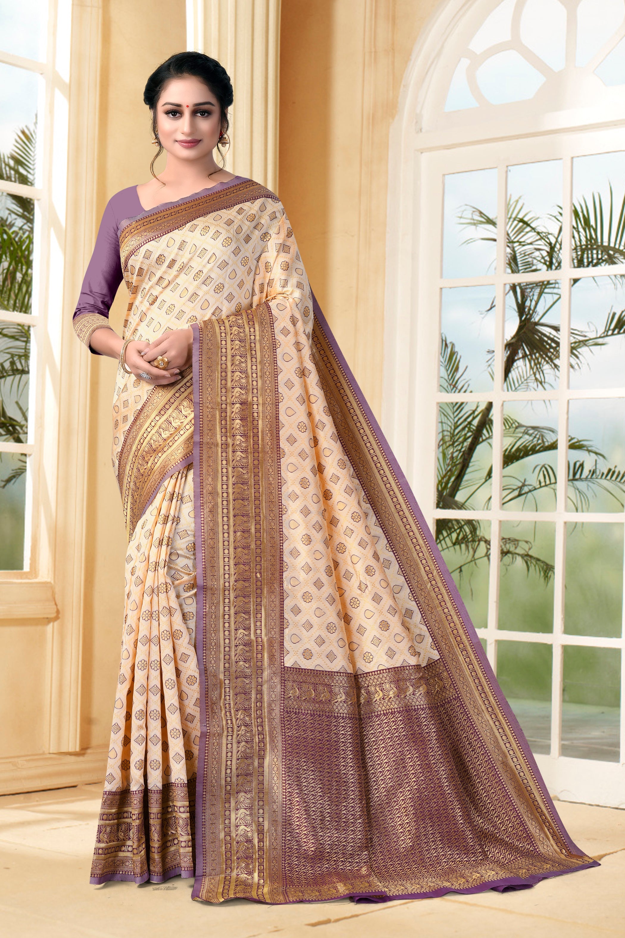 Vedant Vastram Litchi Silk Designer Banarasi Saree - Cream | Grocsy