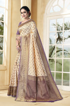 Vedant Vastram Litchi Silk Designer Banarasi Saree - Cream | Grocsy