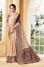 Vedant Vastram Litchi Silk Designer Banarasi Saree - Cream | Grocsy