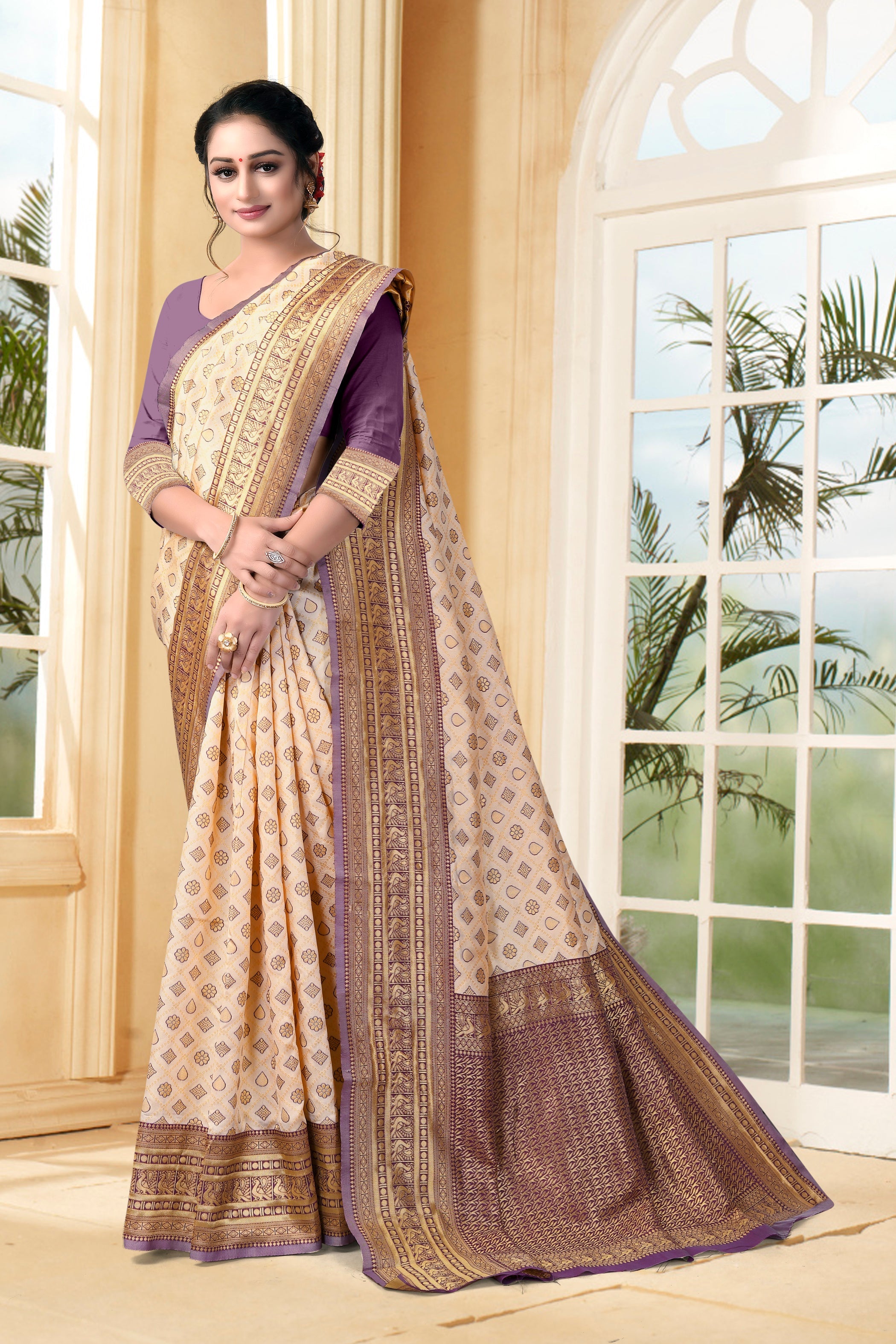Vedant Vastram Litchi Silk Designer Banarasi Saree - Cream | Grocsy