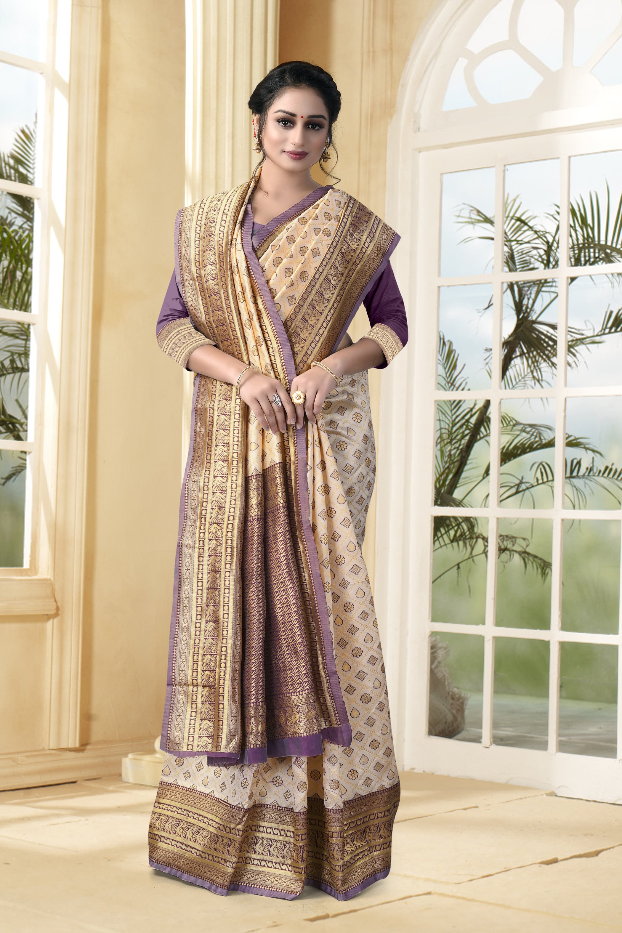 Vedant Vastram Litchi Silk Designer Banarasi Saree - Cream | Grocsy