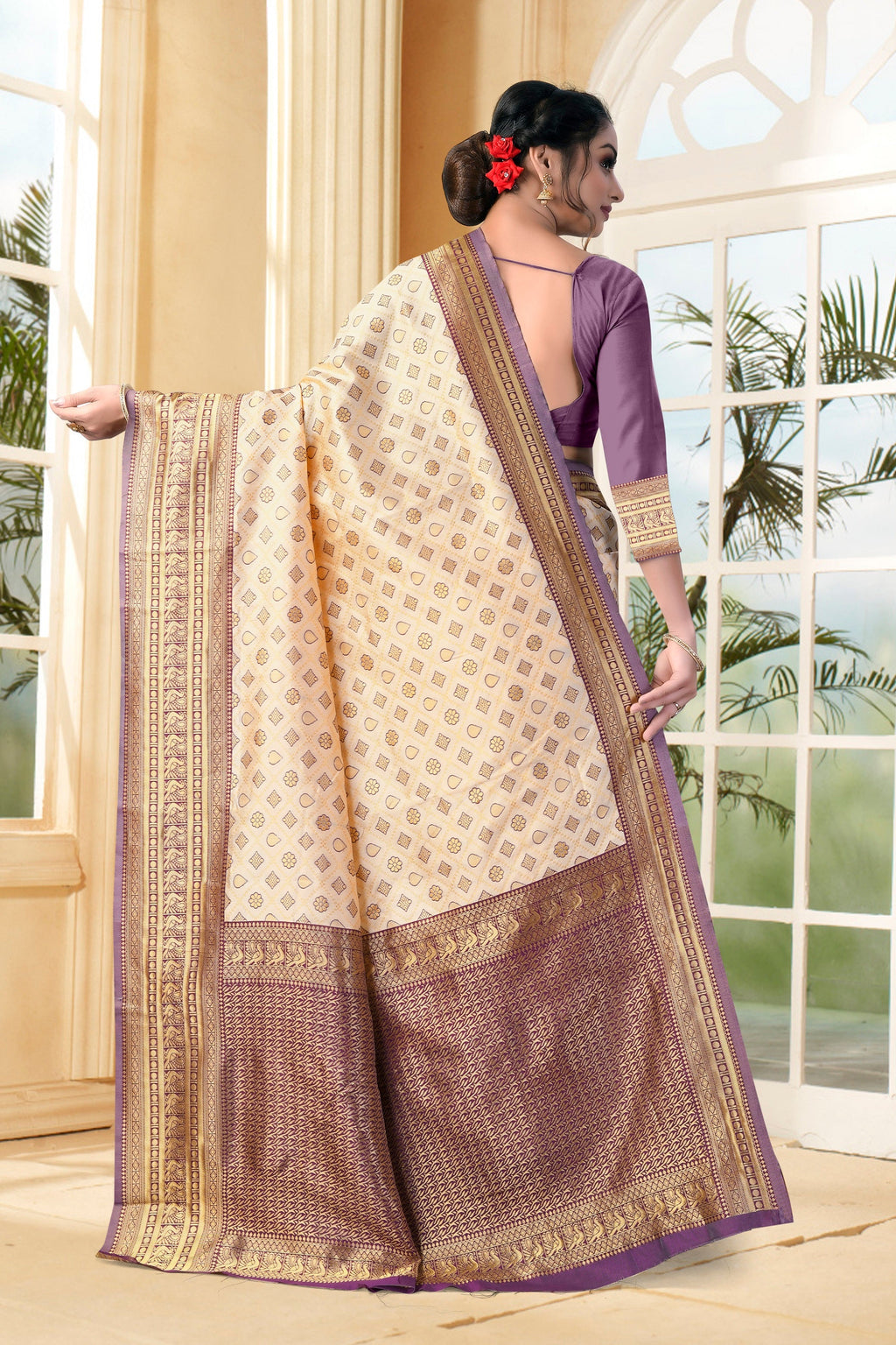 Vedant Vastram Litchi Silk Designer Banarasi Saree - Cream | Grocsy