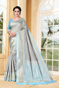 Vedant Vastram Litchi Silk Designer Banarasi Saree - Grey | Grocsy