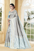 Vedant Vastram Litchi Silk Designer Banarasi Saree - Grey | Grocsy