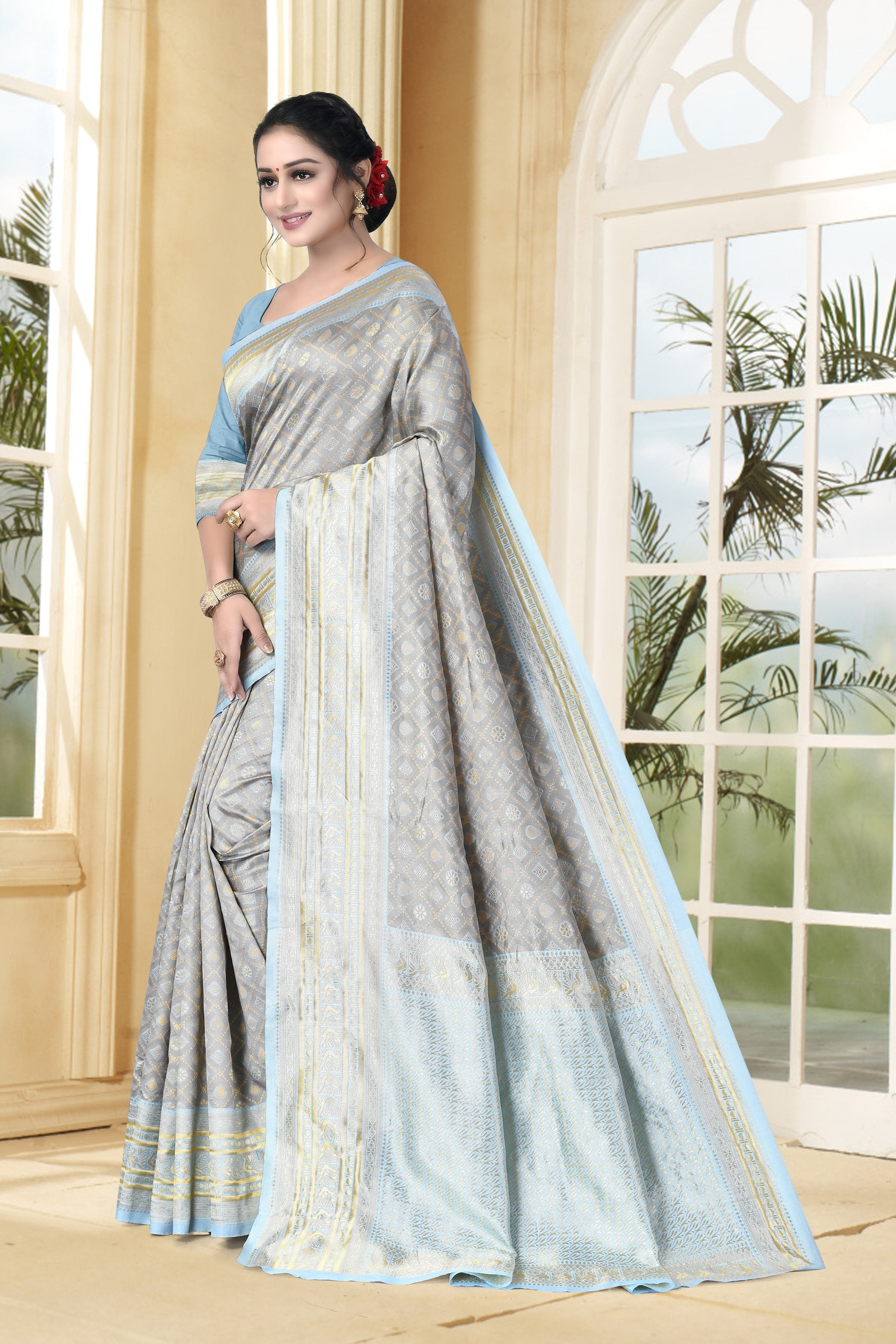 Vedant Vastram Litchi Silk Designer Banarasi Saree - Grey | Grocsy