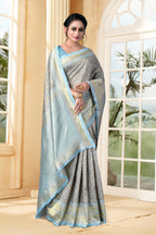 Vedant Vastram Litchi Silk Designer Banarasi Saree - Grey | Grocsy