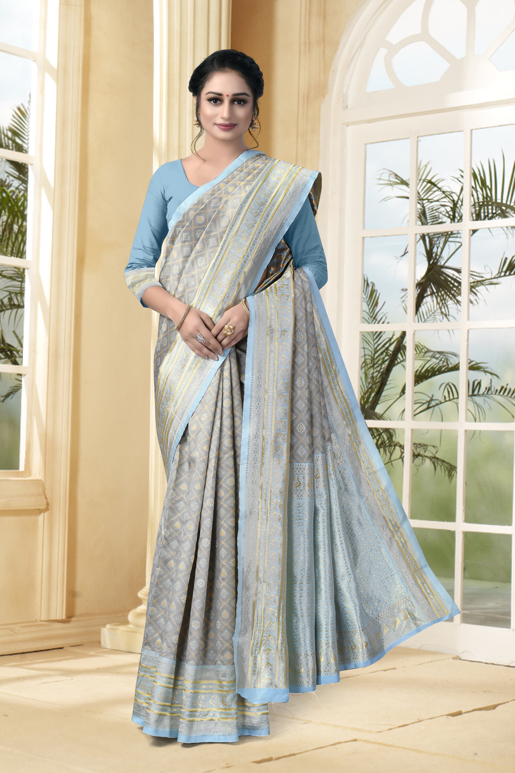 Vedant Vastram Litchi Silk Designer Banarasi Saree - Grey | Grocsy