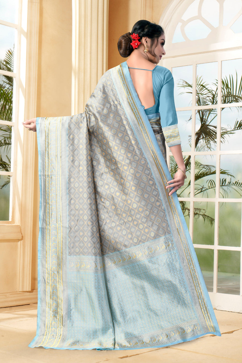 Vedant Vastram Litchi Silk Designer Banarasi Saree - Grey | Grocsy