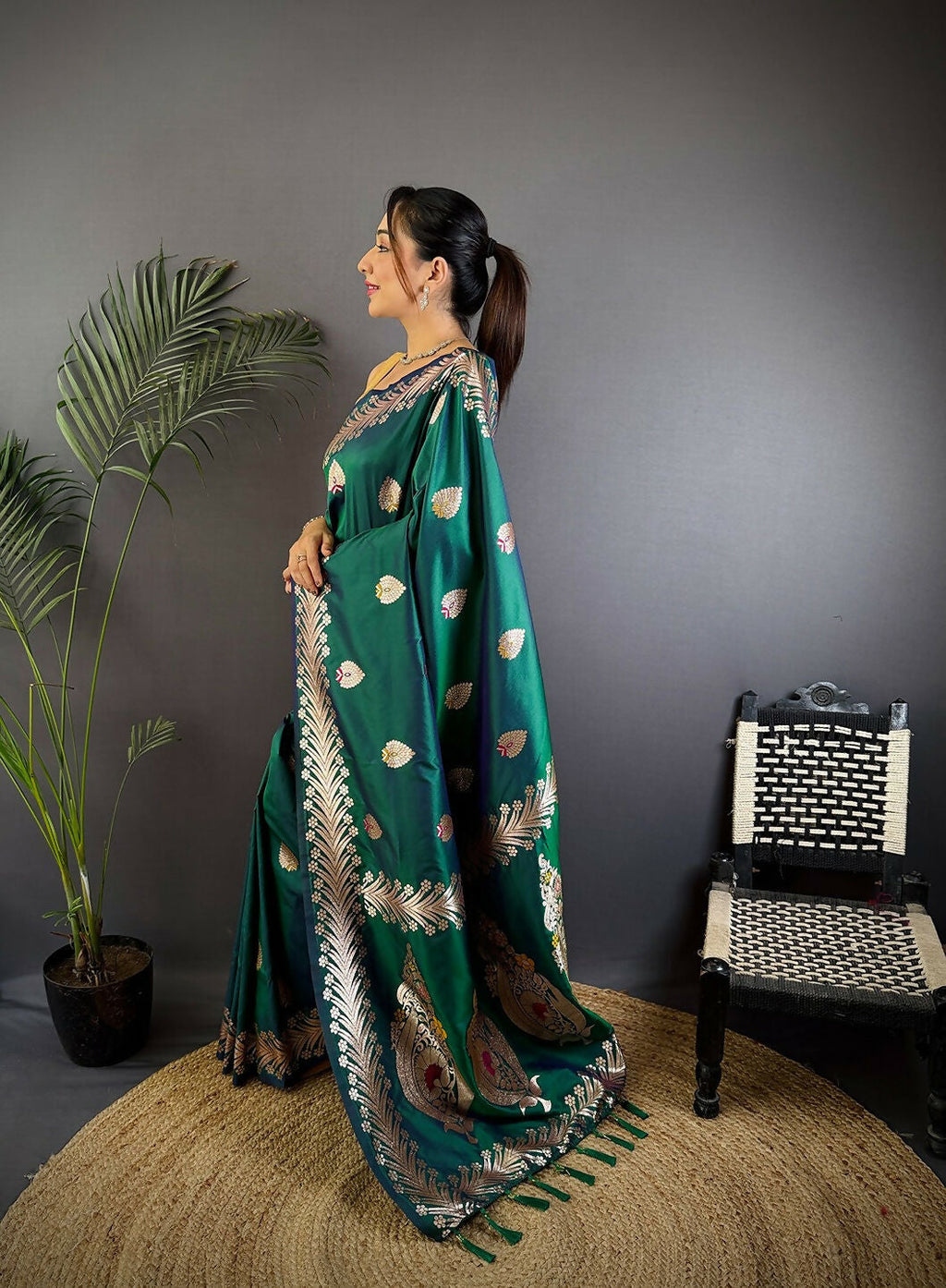 Joban Fashion Banarasi Dusty Teal Woven Soft Silk Saree | Grocsy