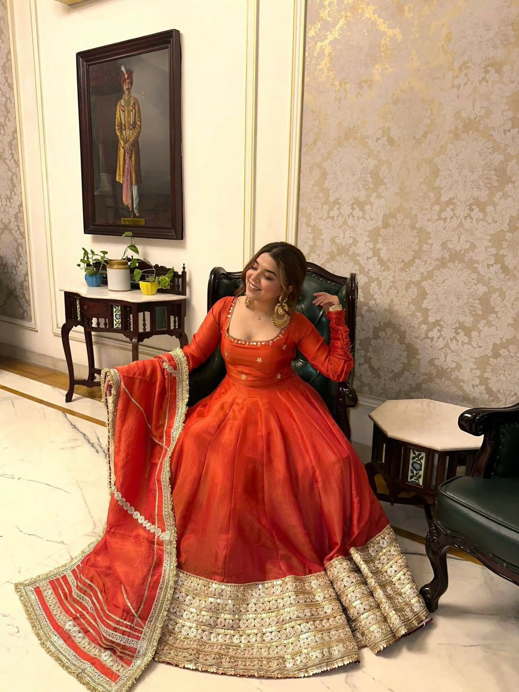 Teeya Creation Womens New Fancy Silk Heavy Quality Fabric With Handwork Orange Gown Set | Grocsy