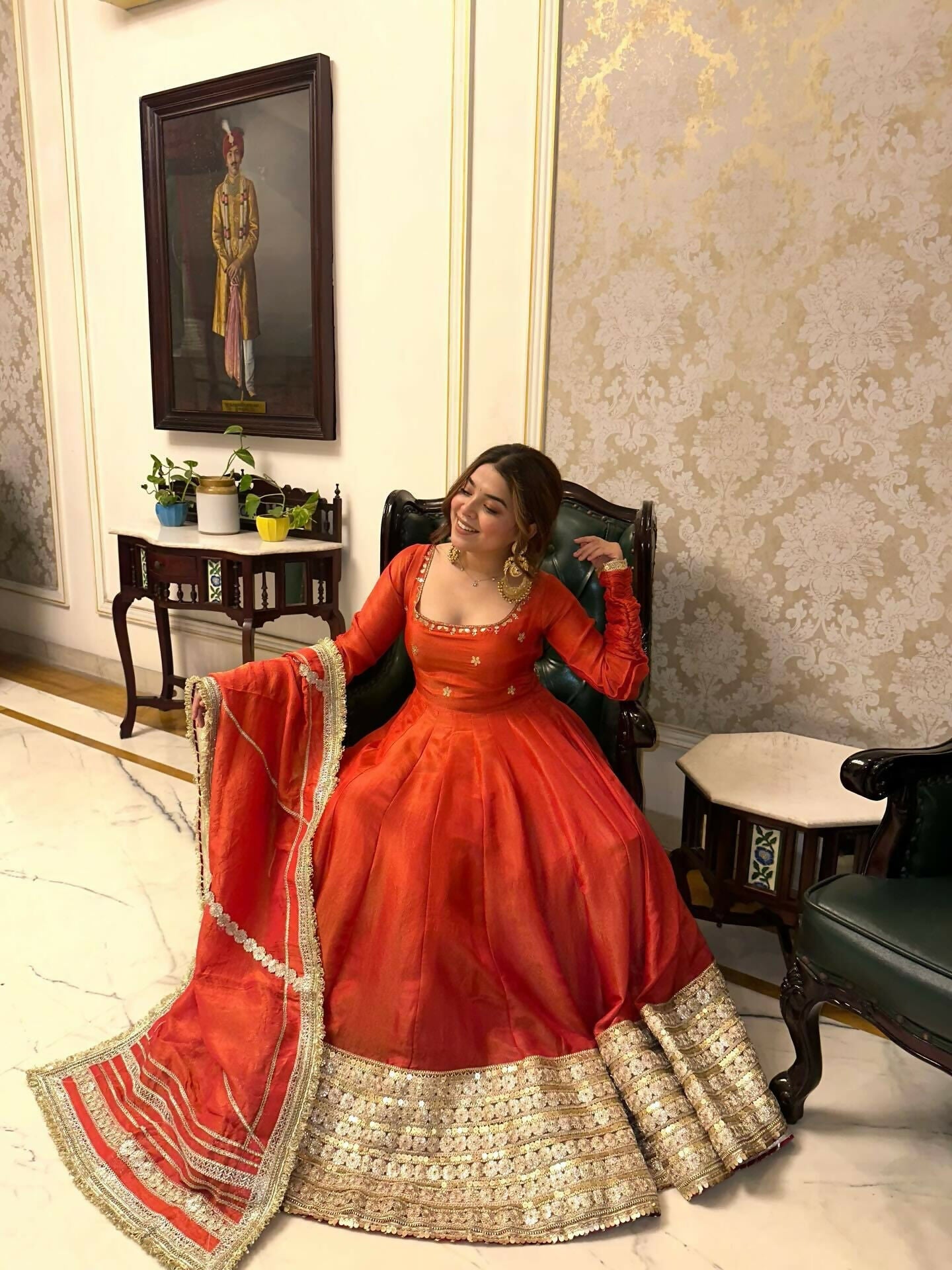 Teeya Creation Womens New Fancy Silk Heavy Quality Fabric With Handwork Orange Gown Set | Grocsy