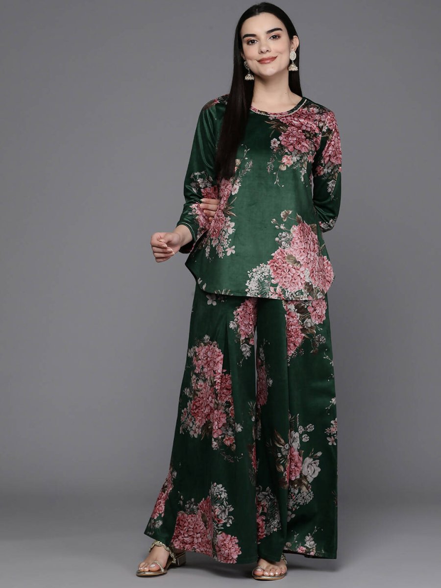 Ahalyaa Women Floral Printed Velvet Tunic with Palazzos - Green Color | Grocsy