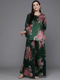 Ahalyaa Women Floral Printed Velvet Tunic with Palazzos - Green Color | Grocsy