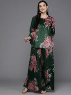 Ahalyaa Women Floral Printed Velvet Tunic with Palazzos - Green Color | Grocsy