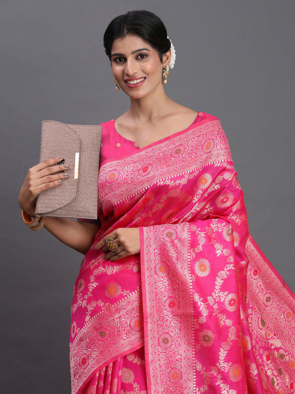 Shree Shyam Fashion Banarasi Silk Pink Saree | Grocsy