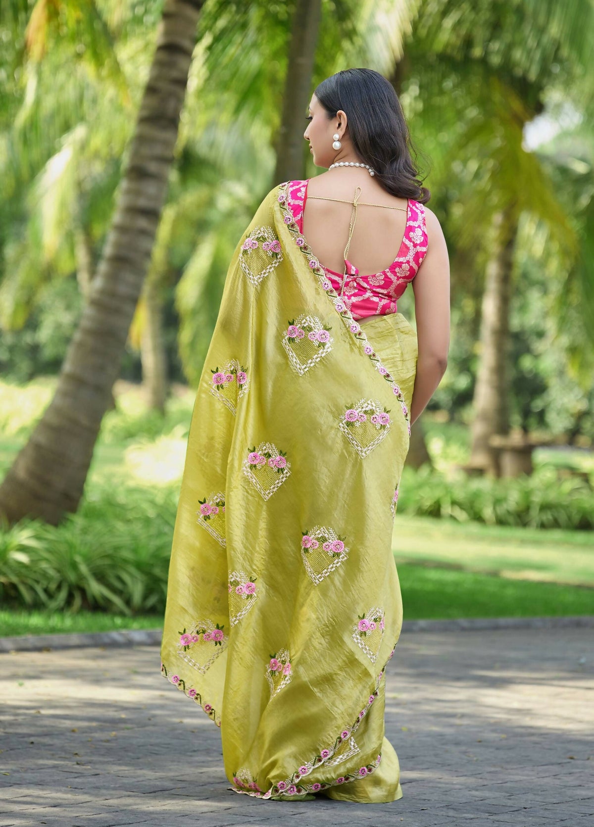 Teeya Creation Olive Color Pure Paper Silk Heavy Embroidery Work Wedding Wear Saree | Grocsy