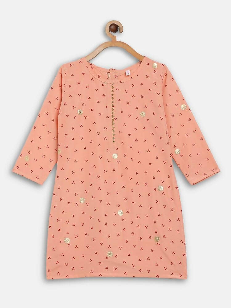Ahalyaa Peach Crepe Gold Printed Kids Kurta Sets With Dupatta For Girls | Grocsy