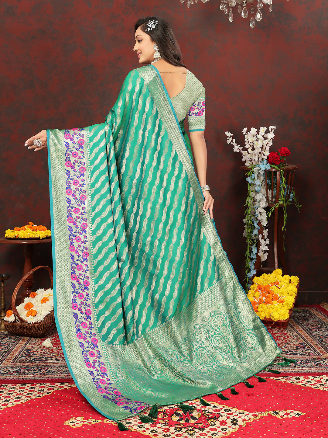 Lorenvalley Fashion Teal Soft Silk Woven Design with Zari Weaving Leheriya Design Saree | Grocsy
