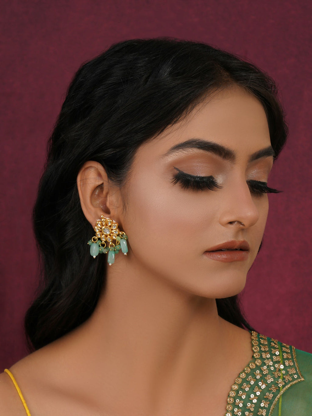 Mint Stone Kundan Earrings (Gold) - Ruby Raang | Grocsy
