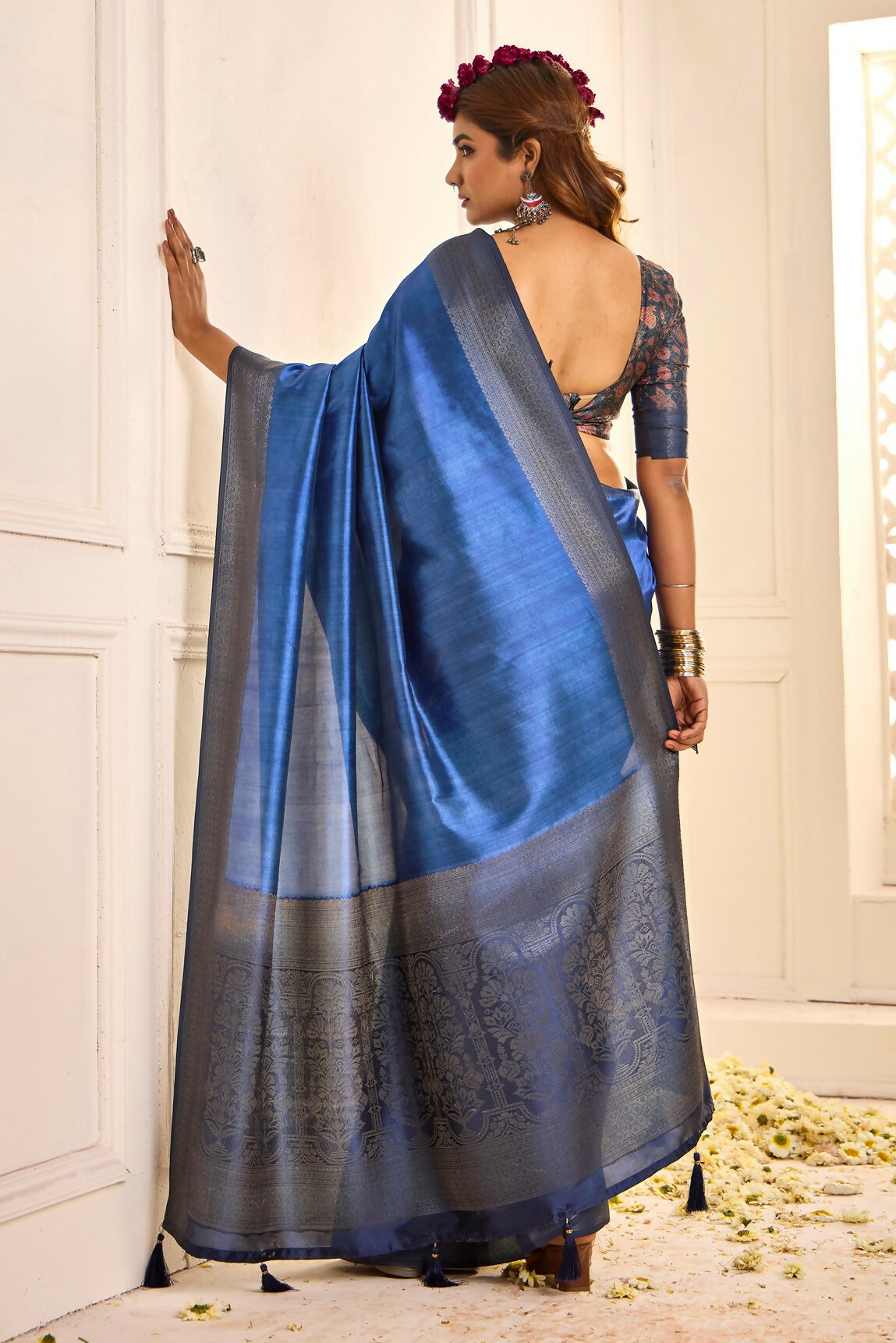 Joban Fashion Satin Silk With Zari Border Blue Colored Designer Pallu Saree | Grocsy