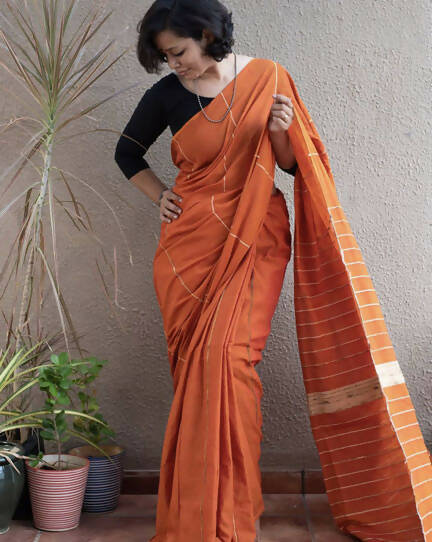 Exclusive Collection Khadi Cotton Handloom Khesh Saree With Blouse Piece - Orange | Grocsy