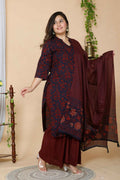 Miravan Women's Maroon Plus Size Floral Pure Cotton Kurta With Sharara And Dupatta Set | Grocsy
