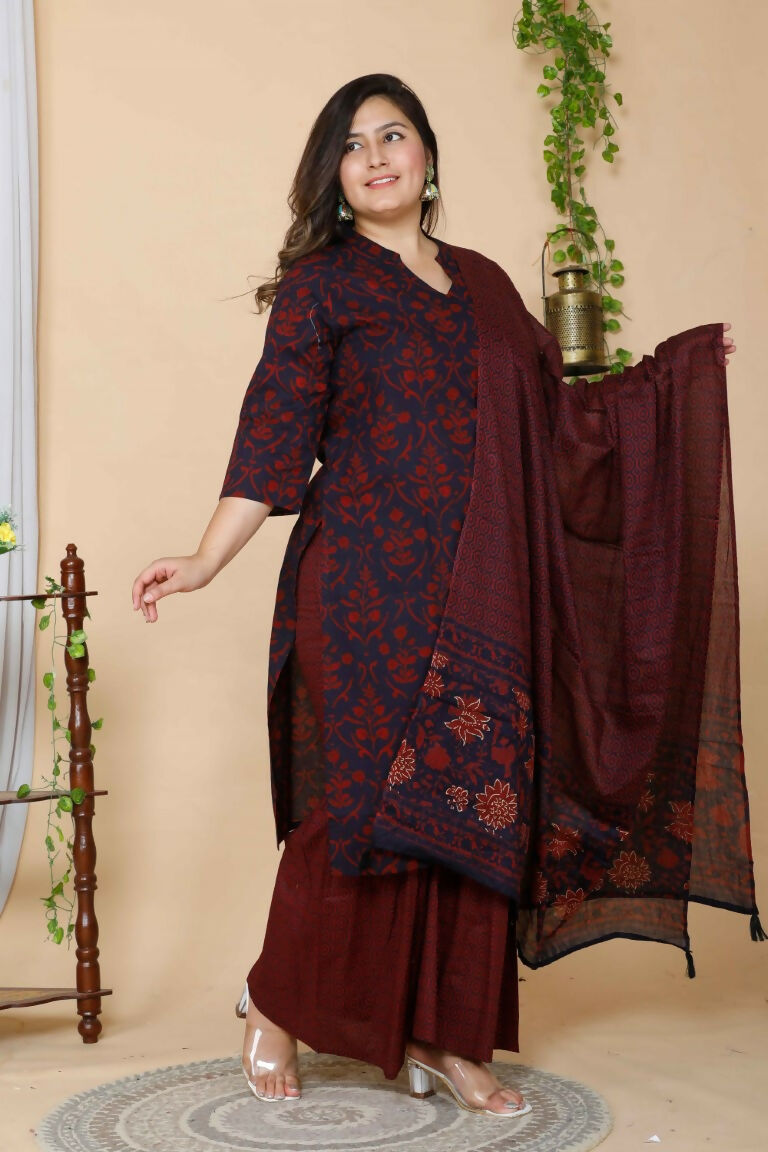 Miravan Women's Maroon Plus Size Floral Pure Cotton Kurta With Sharara And Dupatta Set | Grocsy