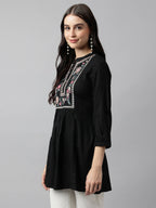Black Rayon Yoke Embroidered A-line Top - Tarini | Grocsy