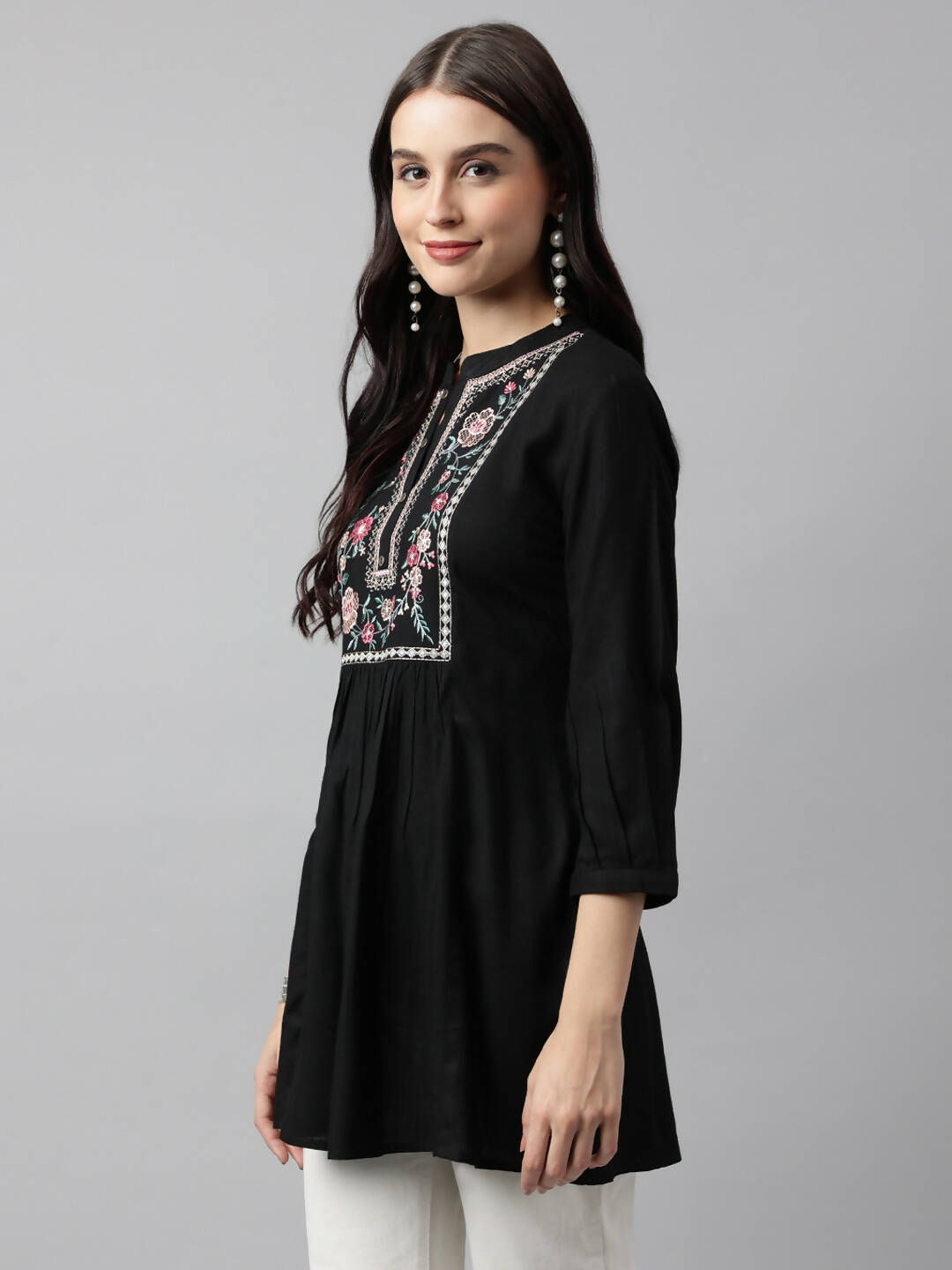 Black Rayon Yoke Embroidered A-line Top - Tarini | Grocsy