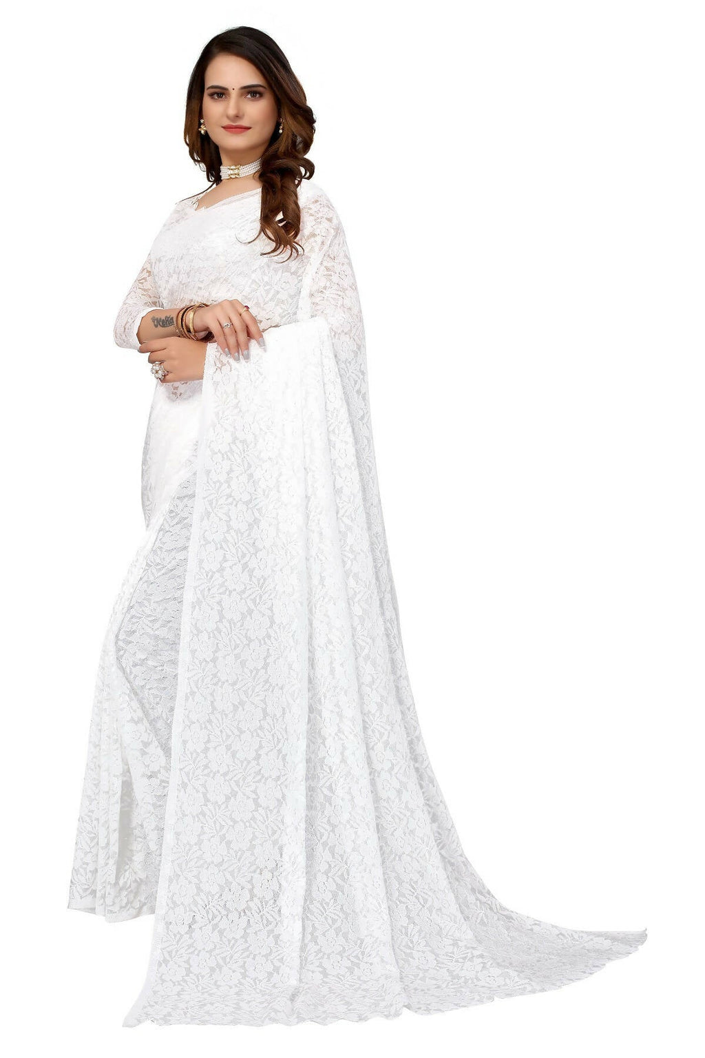 Vamika White Pearls Net Saree | Grocsy