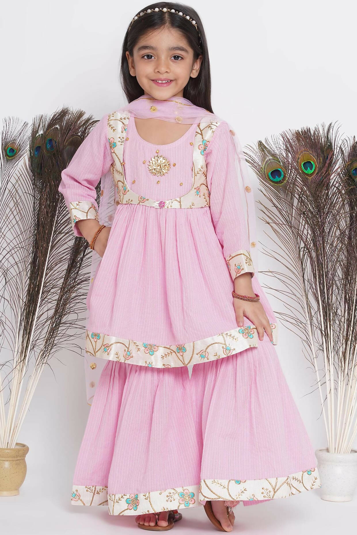Little Bansi Floral Embroidery Jacket With Cotton Kantha Frock Sharara And Dupatta With Ghungroo Handwork - Pink | Grocsy