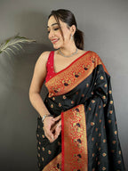 Joban Fashion Black Intricate Motifs Soft Silk Banarasi Saree | Grocsy