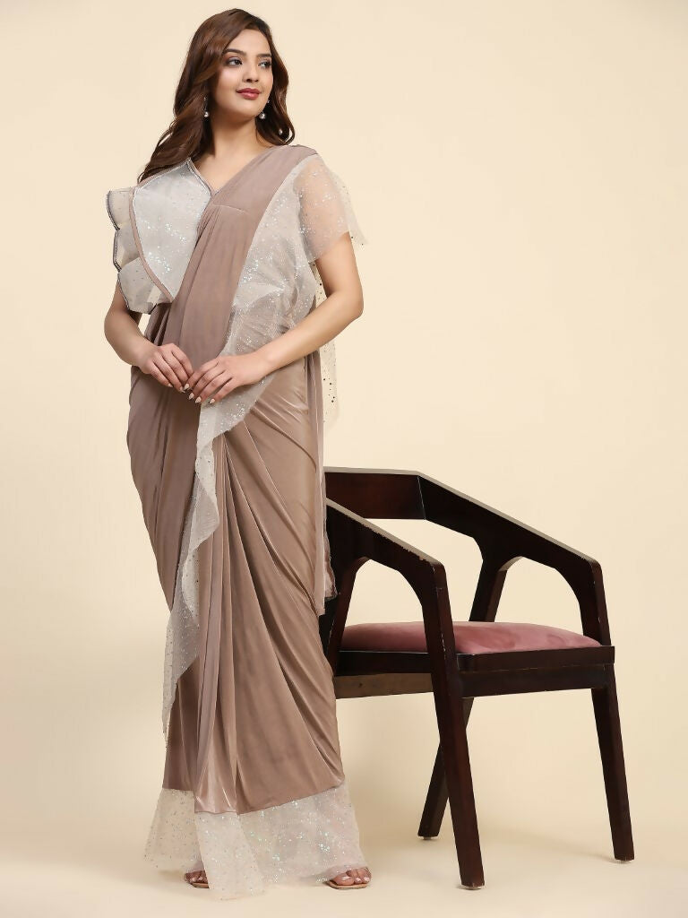 Light Brown Lycra Solid Ready to Wear Saree with stitched Blouse - Nita | Grocsy
