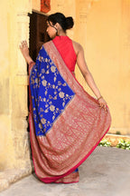 Joban Fashion Ink Blue Crepe Chiffon Pure Handloom Banarasi Silk Saree | Grocsy