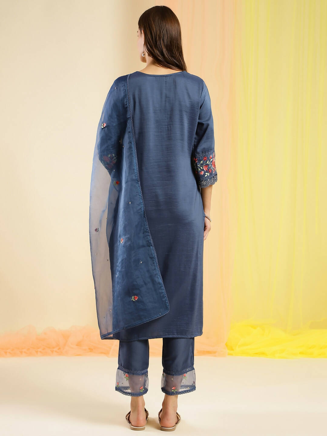 Navy Blue Chinon Embroidered Straight Kurta with Trouser & Dupatta - Salimar | Grocsy